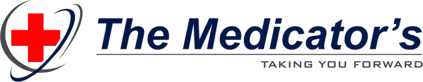 The Medicator's logo with a red cross inside a blue circular design, accompanied by the tagline "Taking You Forward." This logo represents The Medicator's, a company specializing in RCM (Revenue Cycle Management) in medical billing.