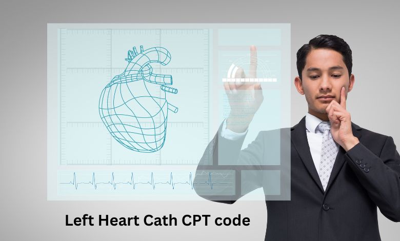 A professional in formal attire interacting with a digital display featuring a 3D schematic of a heart, ECG lines, and technical interface, illustrating Left Heart Cath CPT code.