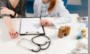 A healthcare professional provides obesity screening and counseling to a patient, with medical equipment such as a stethoscope and medication bottles on the table.