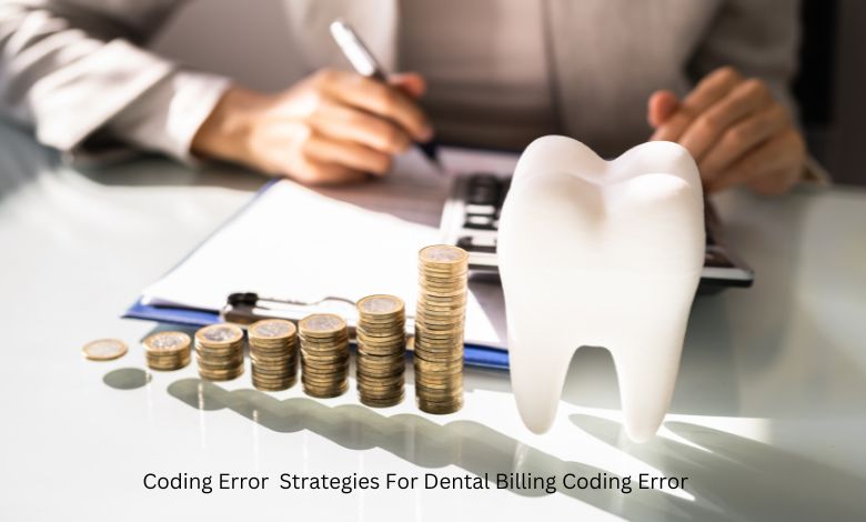 A man writing with pen Errors in Dental Billing and coding. A white teeth with Coins Showing The Success in dental Billing service