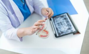 A dental professional demonstrating a dental model with tools, accompanied by a dental X-ray on a tablet, symbolizing dental billing and coding processes.