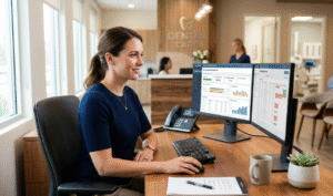 A dental practice manager analyzing a financial revenue cycle management dashboard on a dual-monitor computer at a modern clinic front desk.