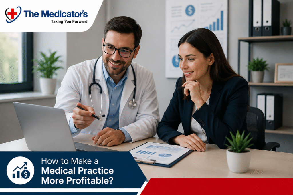 Doctor and healthcare professional reviewing medical practice profitability charts.