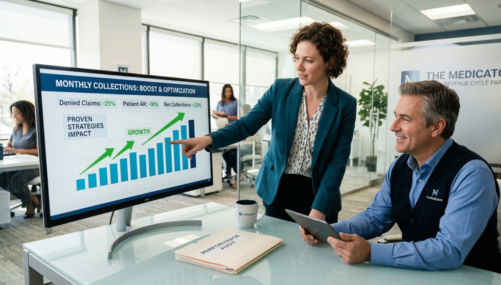 A specialized medical billing expert showing a rising revenue growth chart to a satisfied urgent care clinic owner, highlighting the success of proven billing strategies to boost collections and reduce losses.