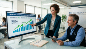 A specialized medical billing expert showing a rising revenue growth chart to a satisfied urgent care clinic owner, highlighting the success of proven billing strategies to boost collections and reduce losses.