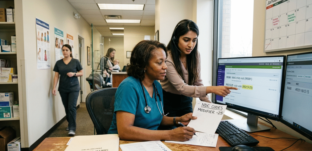 A pediatric billing specialist guides a doctor through specific coding challenges like vaccine inventory and modifier -25 on a computer in a busy clinic