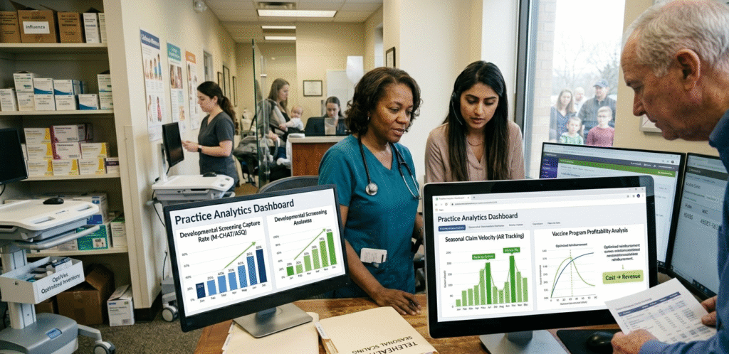 A pediatric team reviews a practice analytics dashboard showing growth in developmental screenings, seasonal claim tracking, and vaccine profitability