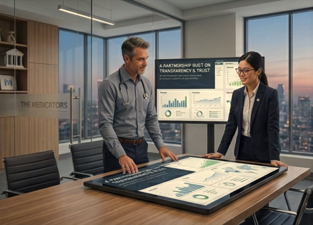 A specialized Internal Medicine billing expert from The Medicators reviewing a clinical revenue dashboard with a physician