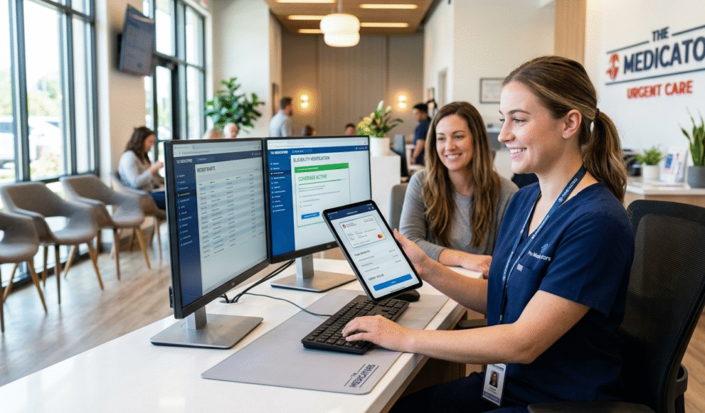 A professional front-desk intake specialist at an urgent care center using real-time eligibility tools to verify a patient's insurance coverage accurately.