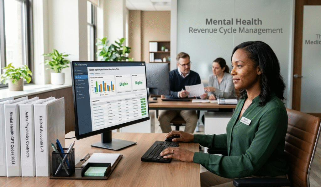 Professional medical billing specialist performing insurance verification in psychiatry to prevent claim denials and ensure eligibility.