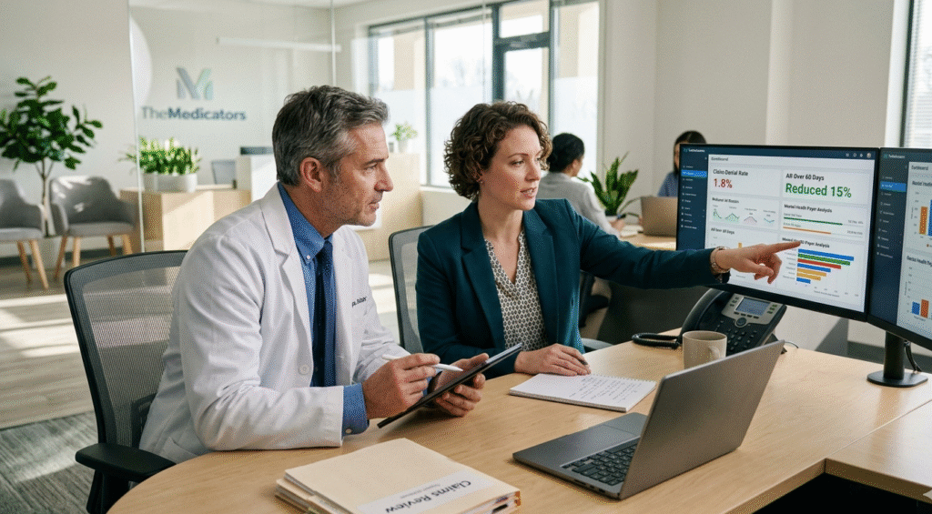 A professional billing consultant and psychiatrist reviewing a digital dashboard to identify why Mental Health Claims are rejected and implementing strategies to improve the practice clean claim rate.
