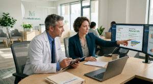 A professional billing consultant and psychiatrist reviewing a digital dashboard to identify why Mental Health Claims are rejected and implementing strategies to improve the practice clean claim rate.