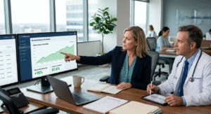 A specialized medical billing consultant demonstrating how to recover lost revenue from denied psychiatry claims using a digital analytics dashboard in a professional office setting.