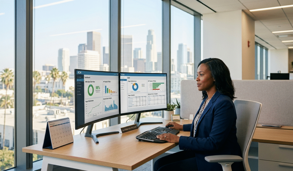 Professional California medical billing specialists analyzing a Revenue Cycle Management dashboard with a 98% clean claim rate and Medi-Cal compliance in a modern office