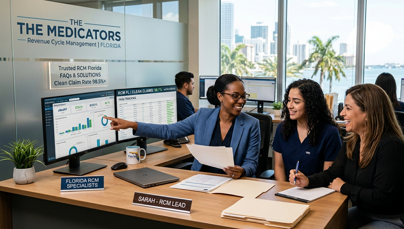 Professional RCM experts in a Florida office analyzing a medical billing dashboard with a 98.5% clean claim rate for Florida healthcare providers.