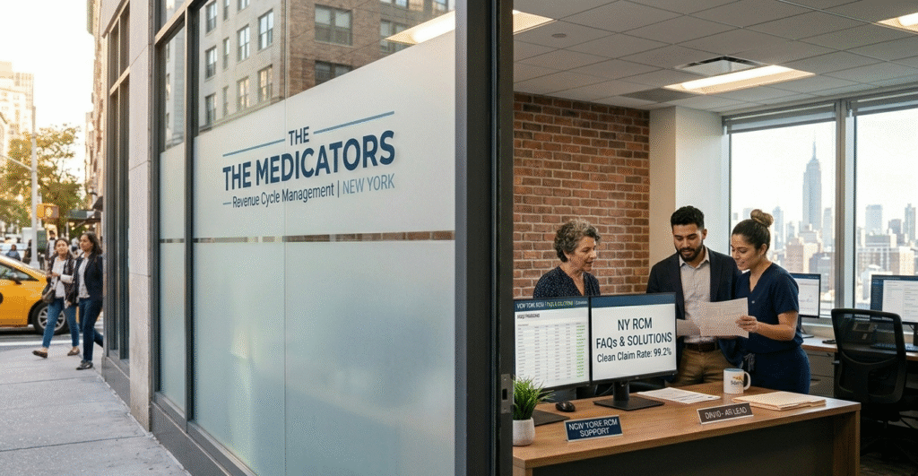 The Medicators team reviewing New York-specific revenue cycle management solutions and FAQ tracking in a modern office overlooking the Manhattan skyline.