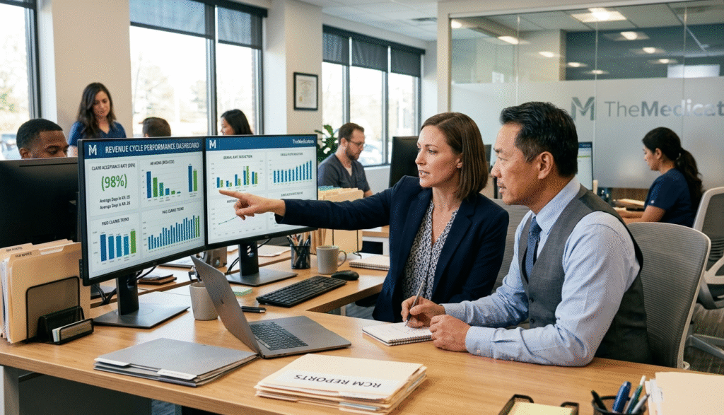 A collaborative meeting between a female RCM specialist and a male urgent care clinic manager reviewing a revenue cycle performance dashboard to solve billing challenges for faster payments.