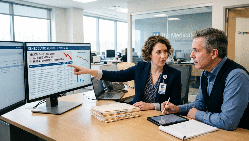 A professional RCM specialist at The Medicators explaining the reasons for denied urgent care claims to a clinic manager.