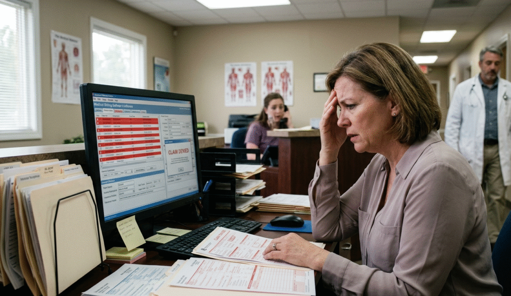 A stressed medical office manager rubs her forehead while looking at a "CLAIM DENIED" notification on her computer screen, illustrating revenue loss in a healthcare practice due to billing errors.