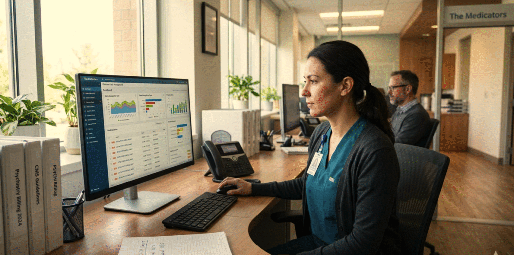 A professional medical billing expert at The Medicators reviewing a digital dashboard to resolve psychiatry claims denials in a modern healthcare office.