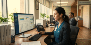 A professional medical billing expert at The Medicators reviewing a digital dashboard to resolve psychiatry claims denials in a modern healthcare office.