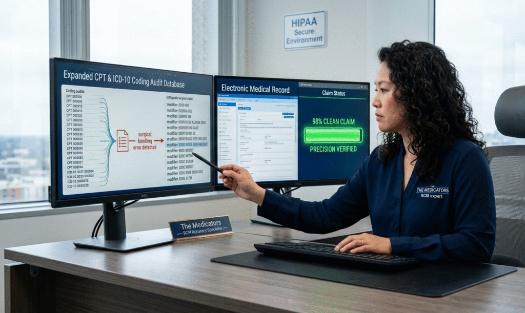A "The Medicators" RCM expert analyzing a complex orthopedic surgical claim on a dual-monitor setup to ensure 98% clean claim accuracy and prevent bundling denials.