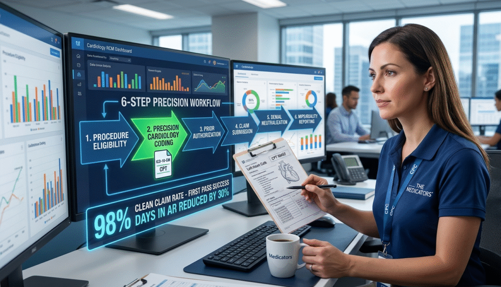 A RCM specialist collaborating with an internal medicine doctor to analyze and neutralize a high-ticket cardiology claim denial.
