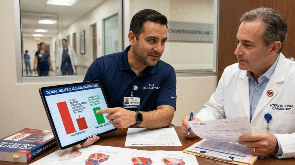 A RCM specialist collaborating with an internal medicine doctor to analyze and neutralize a high-ticket cardiology claim denial.