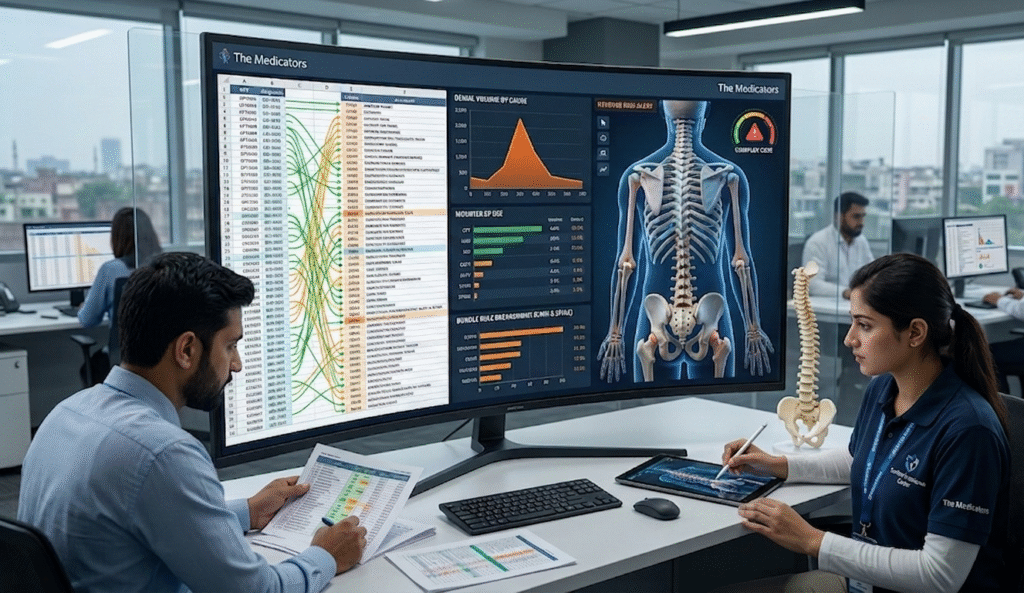 A professional physician consulting with a patient in a modern clinic, representing a practice that focuses on care while "The Medicators" handle the Revenue Cycle Management.