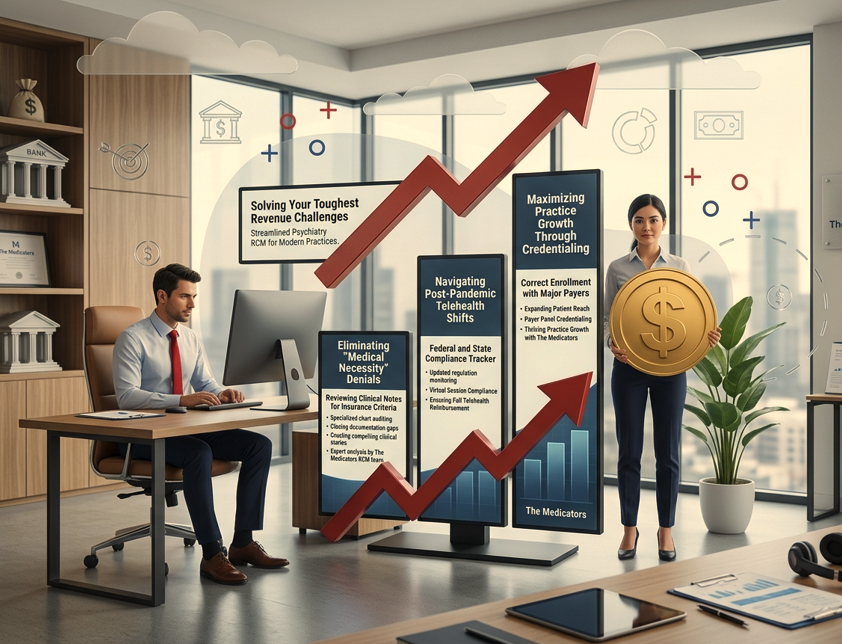 Revenue cycle analyst reviewing mental health coding and claim status for psychiatric practice growth.