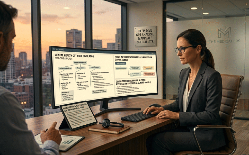 Specialized psychiatric billing team analyzing revenue metrics and clean claim data for mental health providers.