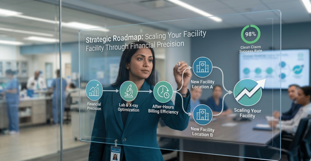 A "The Medicators" RCM expert auditing a high-volume Urgent Care dashboard to ensure accurate S-code application and 98% clean claim success for a walk-in clinic.