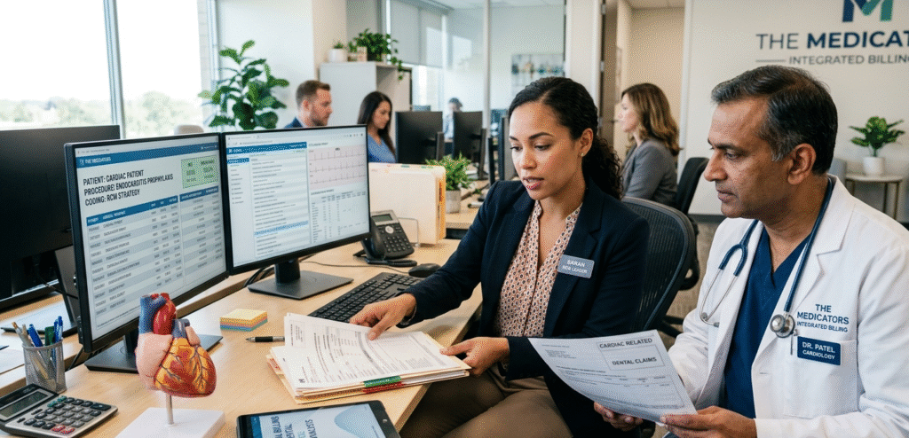 A professional medical billing specialist working on a computer to appeal a denied dental claim for a multi-location practice.