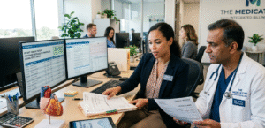 A professional medical billing specialist working on a computer to appeal a denied dental claim for a multi-location practice.