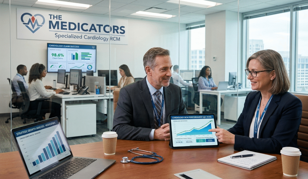 A "The Medicators" RCM expert performing a clinical documentation integrity audit to verify medical necessity for cardiology interventional claims.