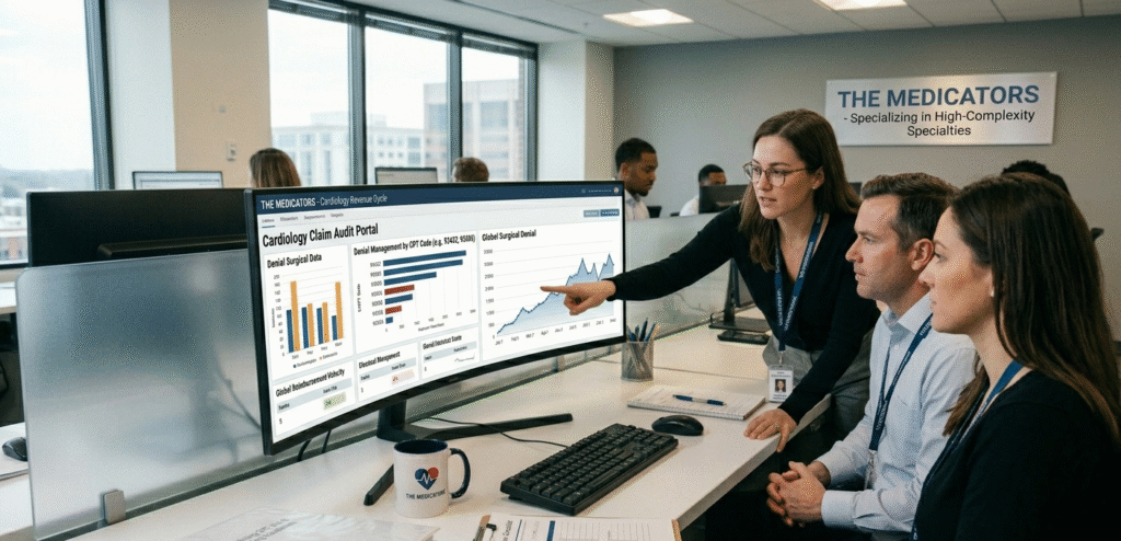 Expert revenue cycle coordinators at The Medicators office reviewing complex cardiovascular surgical claims to ensure 98% clean-claim accuracy.