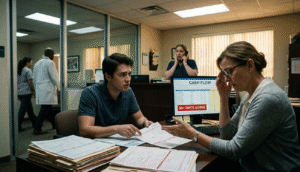 A concerned medical office manager reviewing a computer monitor displaying "90+ DAYS AGING" in red, highlighting stagnant cash flow and overdue accounts receivable.