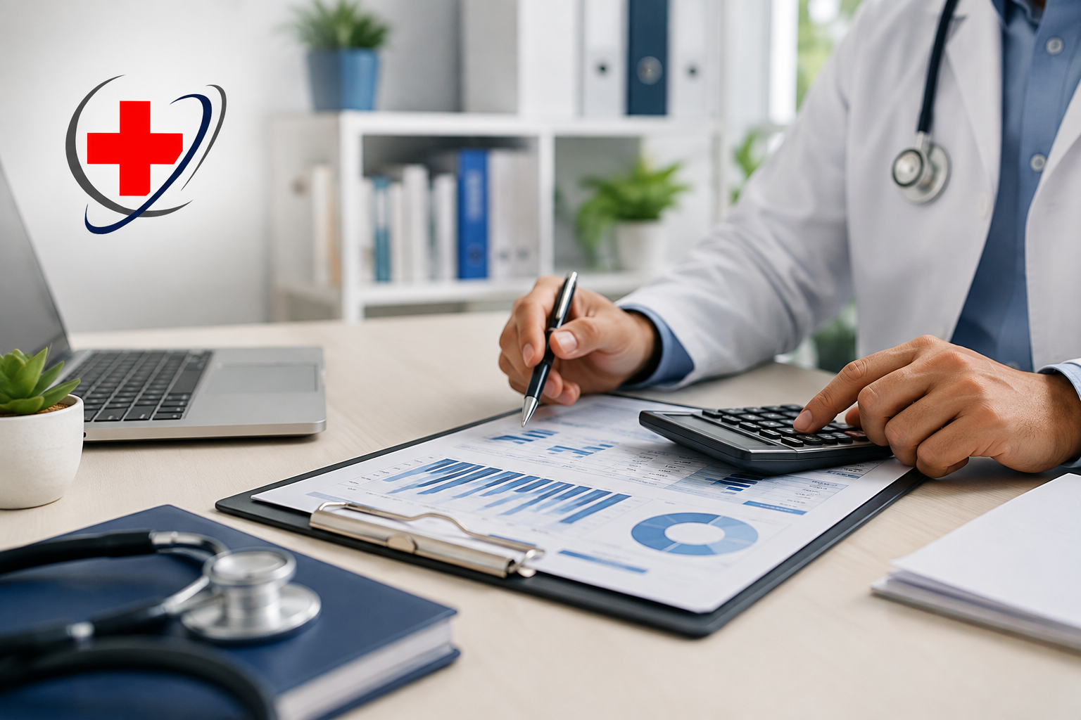 Internal Medicine Revenue Optimization Doctor reviewing financial charts and billing data to optimize internal medicine practice revenue.