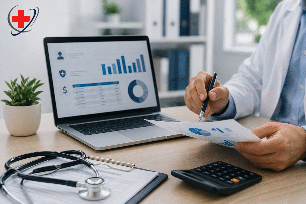 Medical billing professional reviewing revenue analytics and financial documents in a healthcare office.