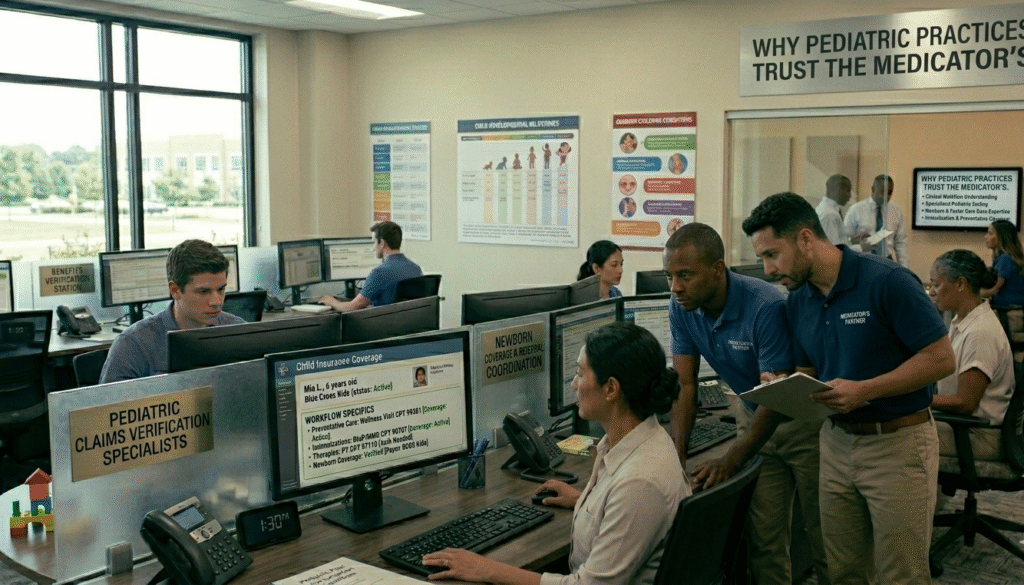 Healthcare billing team verifying pediatric patient benefits and vaccination coverage in real time.