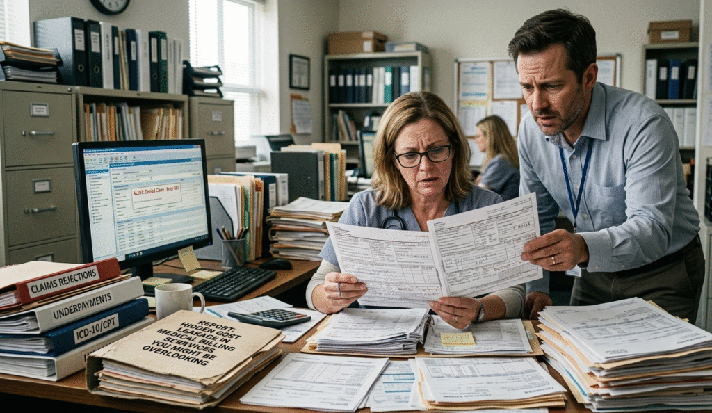 A clinical directory auditing a monthly financial statement to identify hidden fee structures and revenue cycle management flaws.