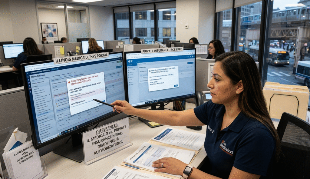 How does Illinois Medicaid billing differ from private insurance?