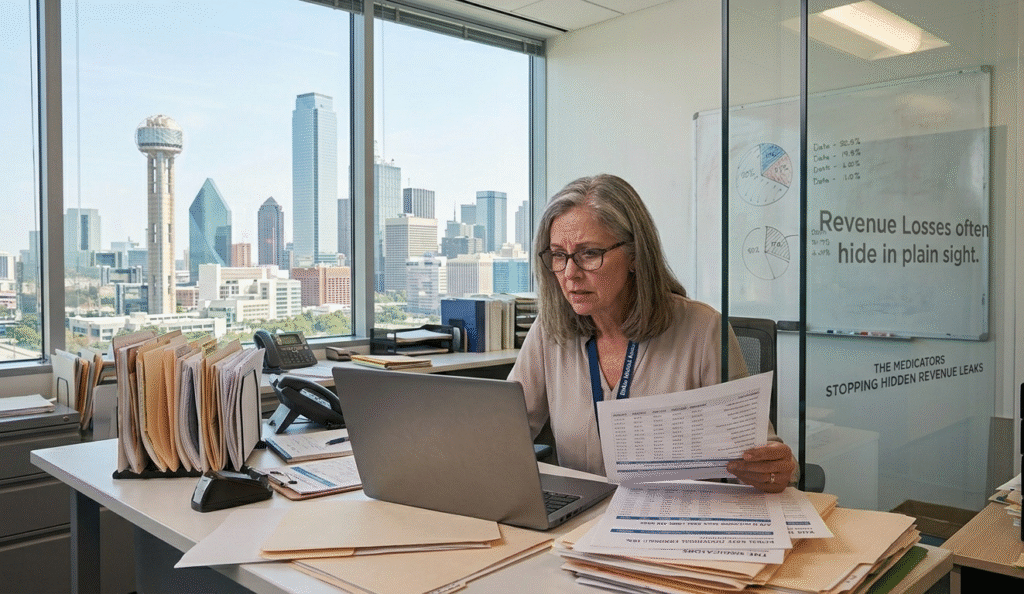 A healthcare executive analyzing an interactive revenue cycle management dashboard to identify hidden medical billing rejections.