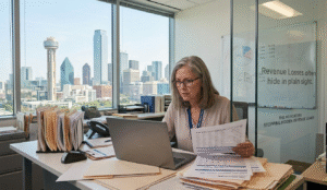 A healthcare executive analyzing an interactive revenue cycle management dashboard to identify hidden medical billing rejections.