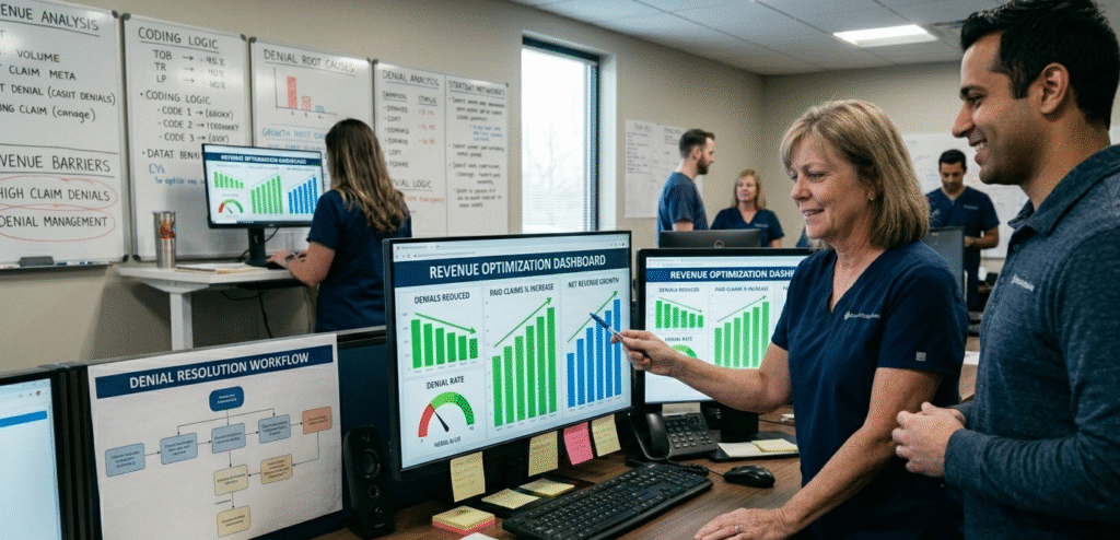 A professional medical billing team illustrating the positive financial results of effective denial management and a healthy revenue cycle.