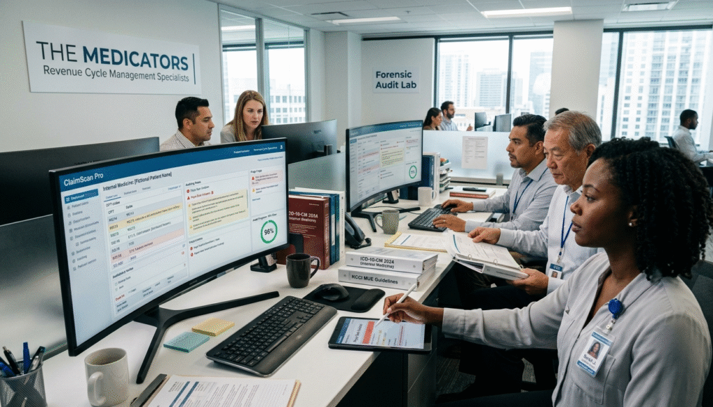 Professional revenue cycle specialists at The Medicators office performing forensic audits on Internal Medicine claims to ensure 98% clean-claim rates.