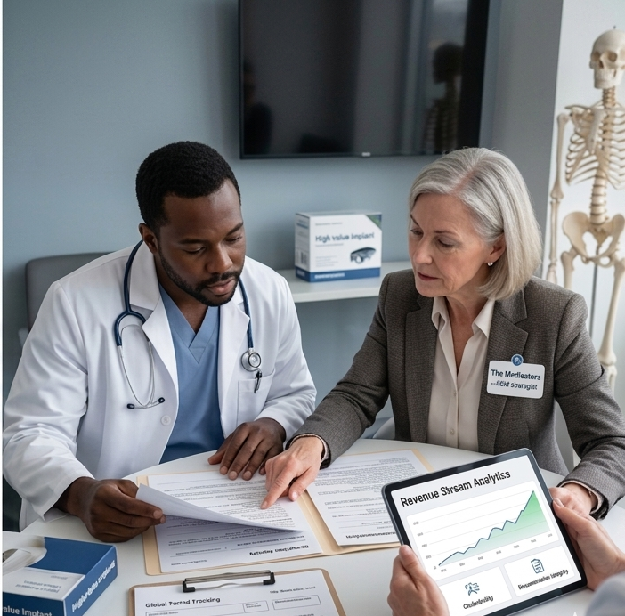 A specialized psychiatry billing consultant reviewing revenue growth reports and credentialing status with a mental health provider to optimize practice cash flow.