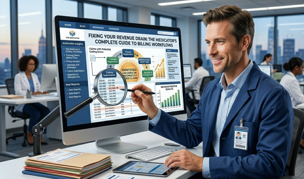 A professional medical billing specialist in a modern office analyzing a complex revenue cycle workflow on a large computer screen, showing data audits and financial growth charts.