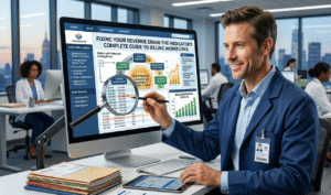 A professional medical billing specialist in a modern office analyzing a complex revenue cycle workflow on a large computer screen, showing data audits and financial growth charts.