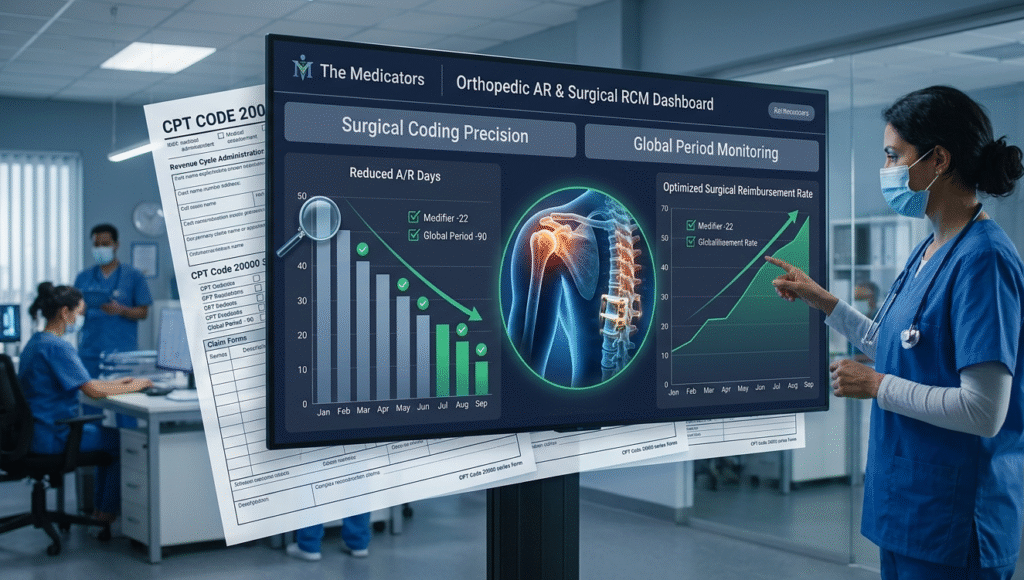 A modern orthopedic performance dashboard at The Medicators displaying reduced A/R days and optimized surgical reimbursement rates.